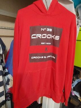 Crooks & Castles Red Pullover Hoodie with Front Logo Panels
